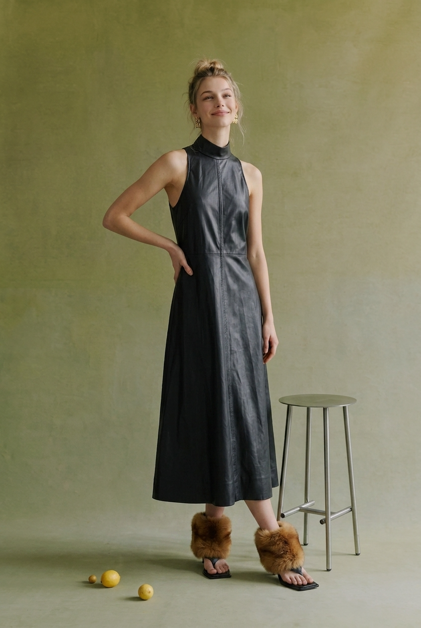 Yours Truly - SOD1627 Faux Leather Mock Neck Midi Dress