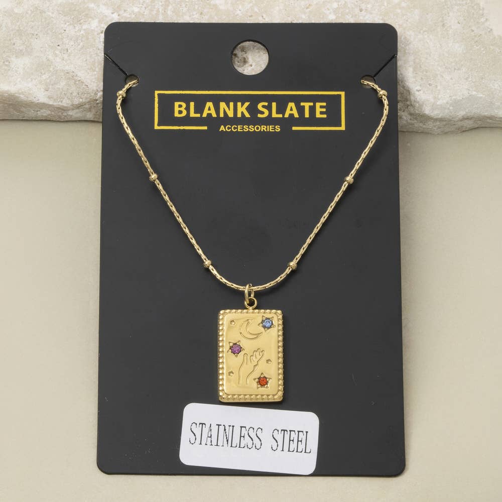 Fame Accessories - Stainless Steel Celestial Hand Moon Tag Necklace
