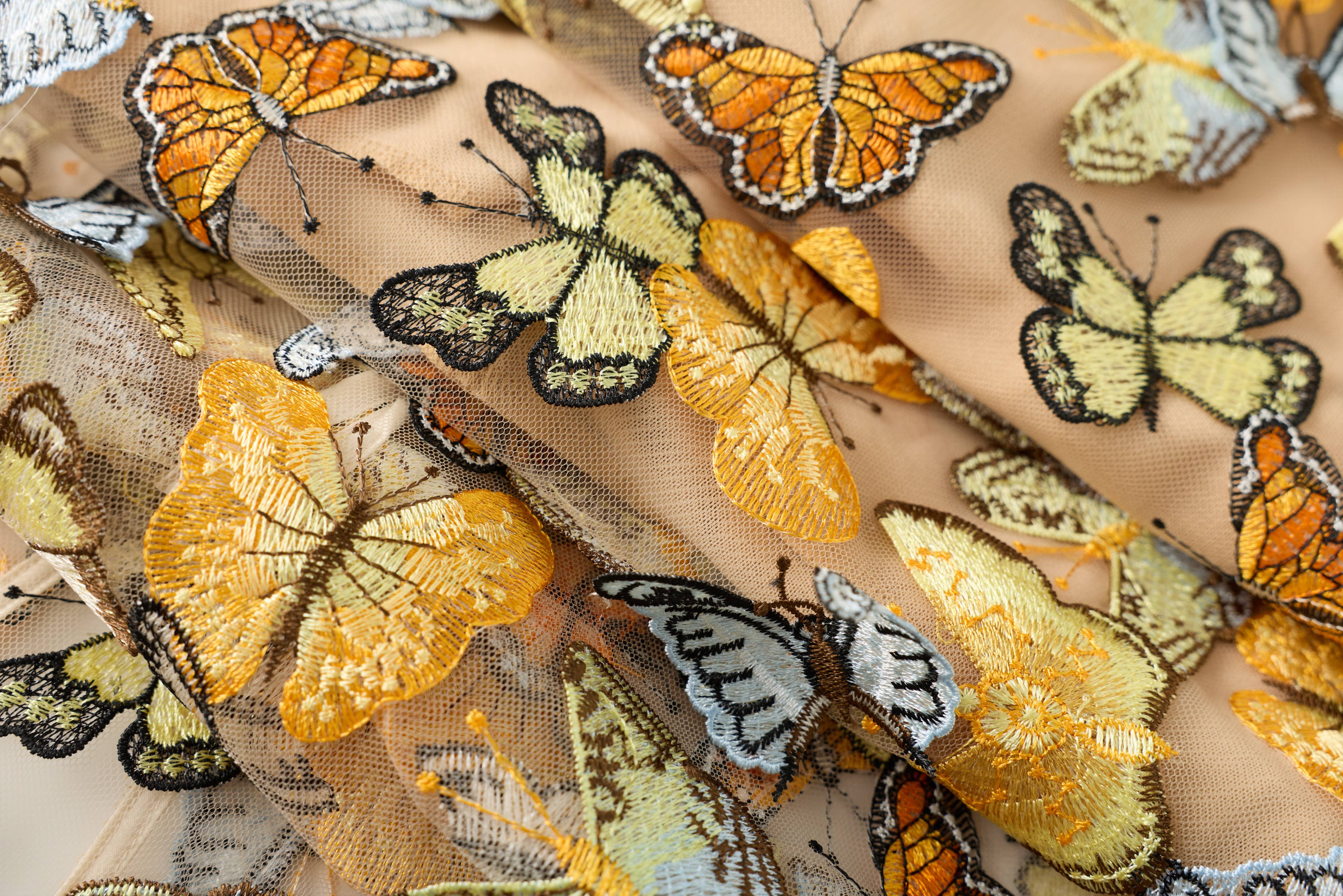 Embroidered Butterfly Tulle Strapless Gown