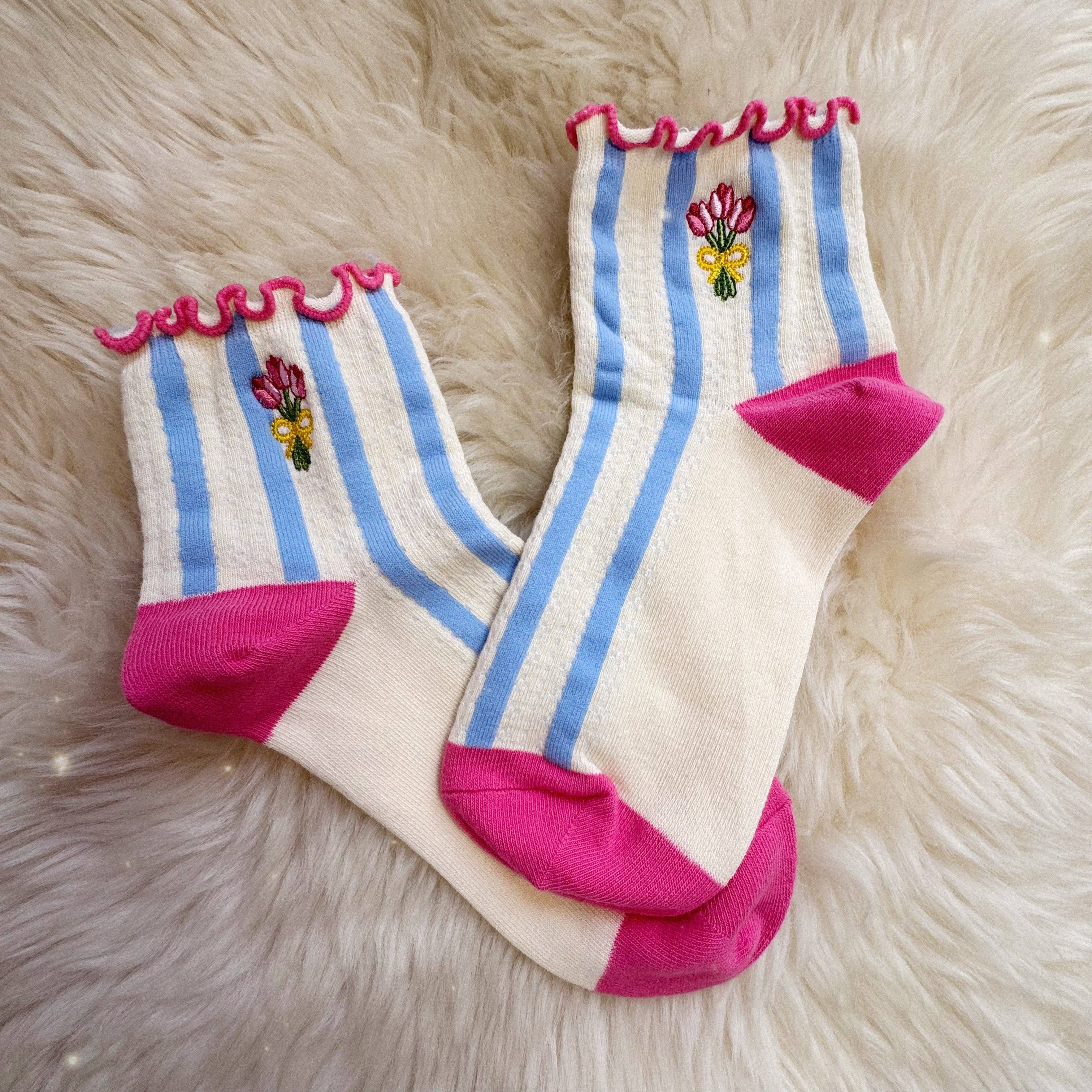 Wildflower + Co. - Tulip Embroidered Ruffle Pointelle Socks