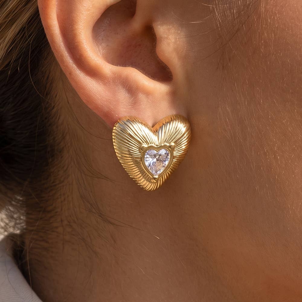 Fame Accessories - Gold Dipped Cz Heart Stud Earrings