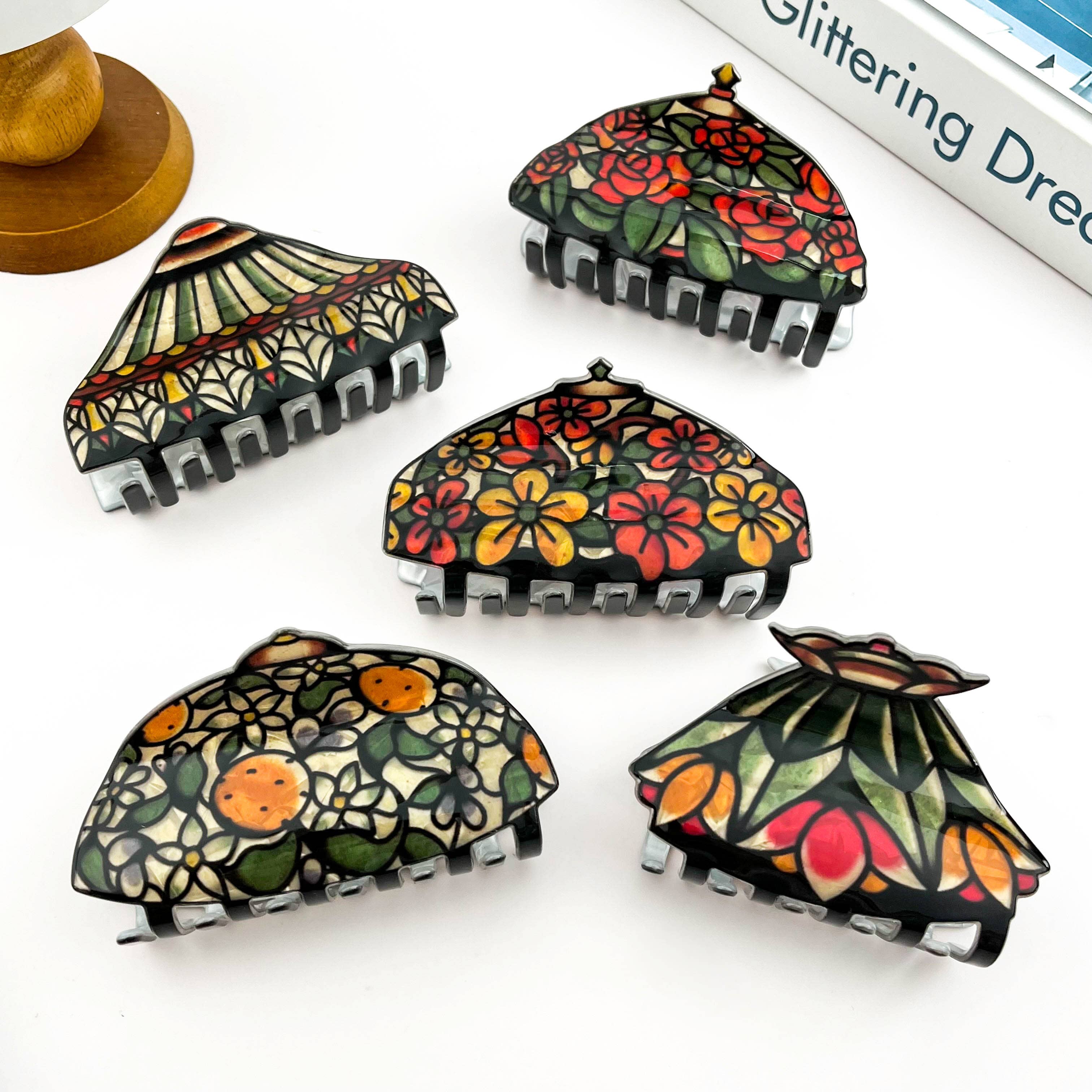 SoapElenGlen - Vintage Floral Stained Glass Lamp Shade Acrylic Hair Claw