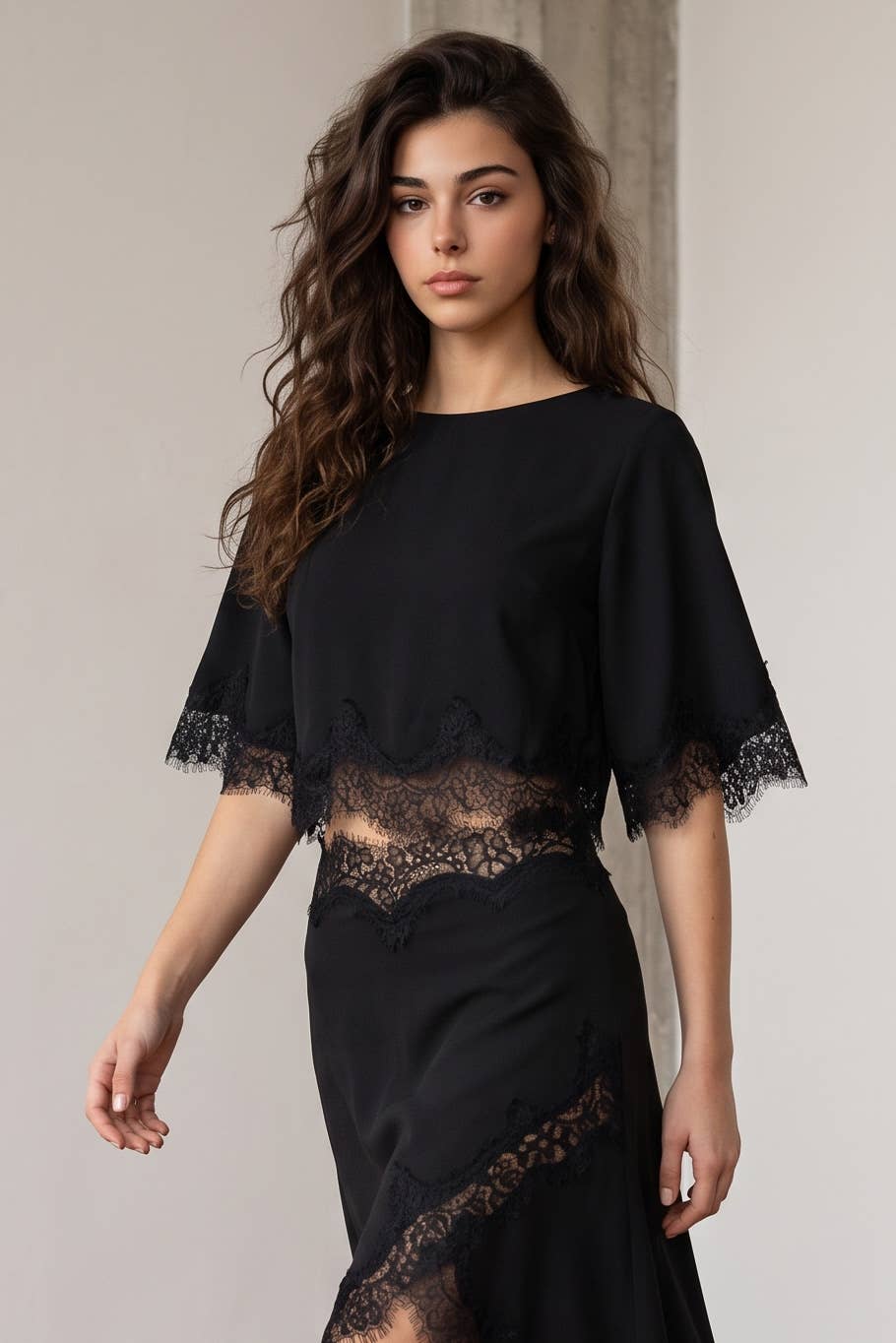 Edit by Nine - LACE HEM TWILL SATIN CAPE TOP