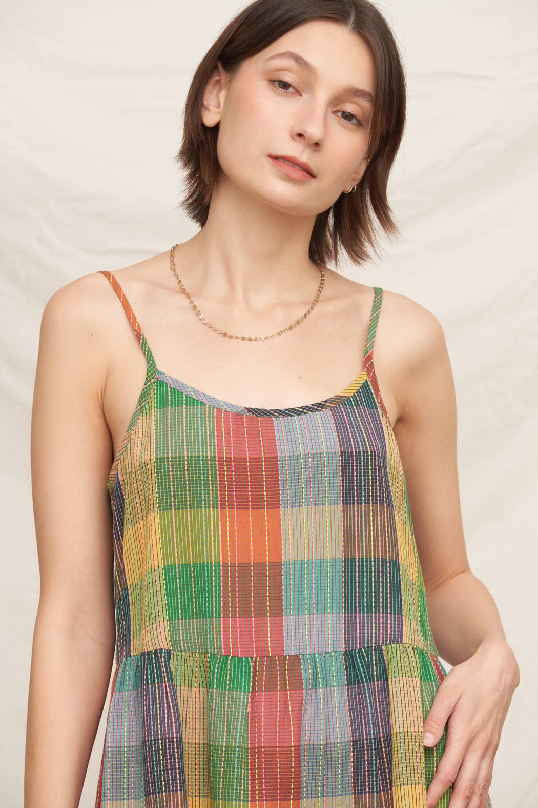 En Crème - Sleeveless Multicolor Plaid Tiered Mini Dress