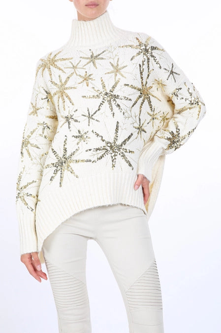 Starry Sequined High Low Knit Turtleneck Sweater