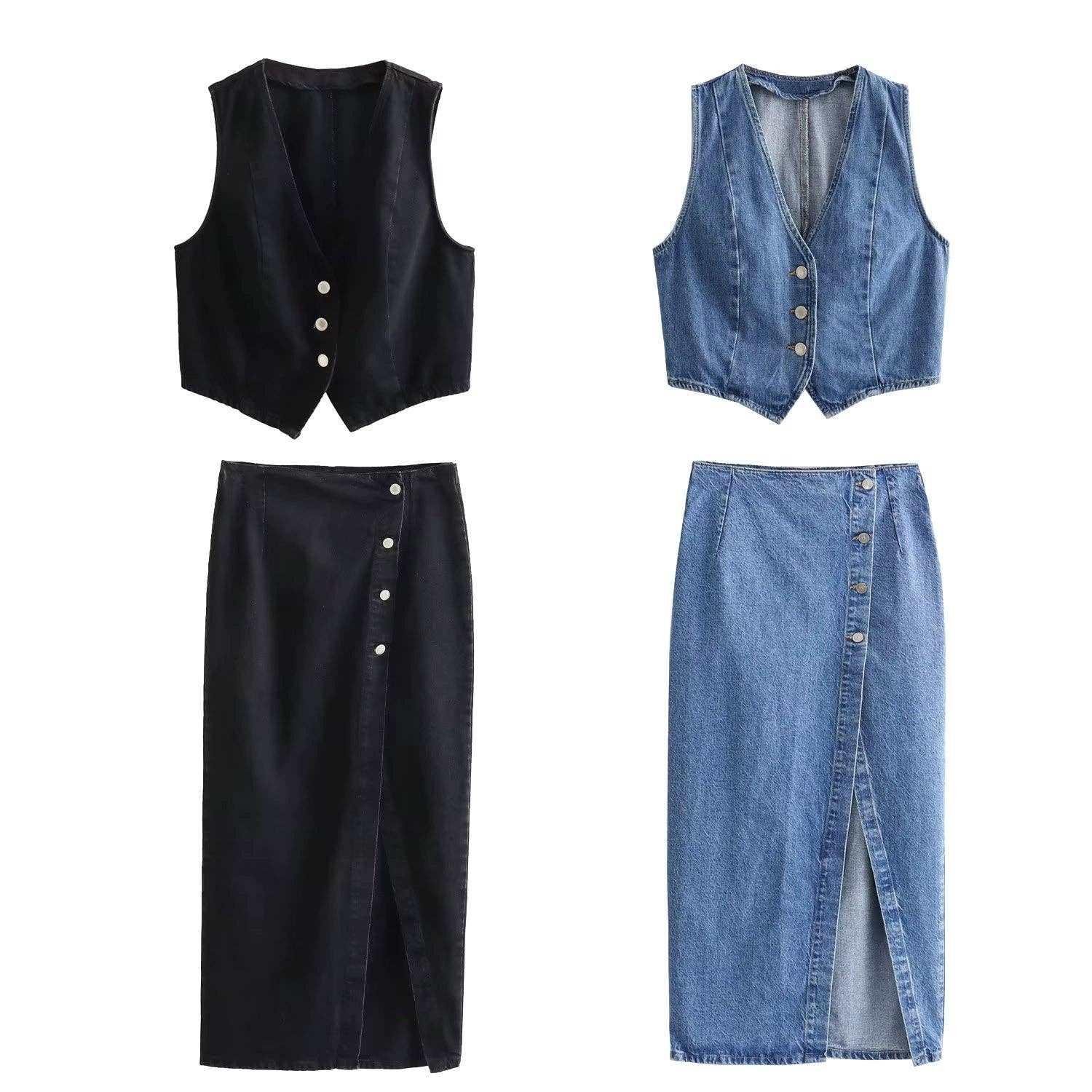 Sweetkama - Ladies Denim Vest And Split Hem Skirt Set