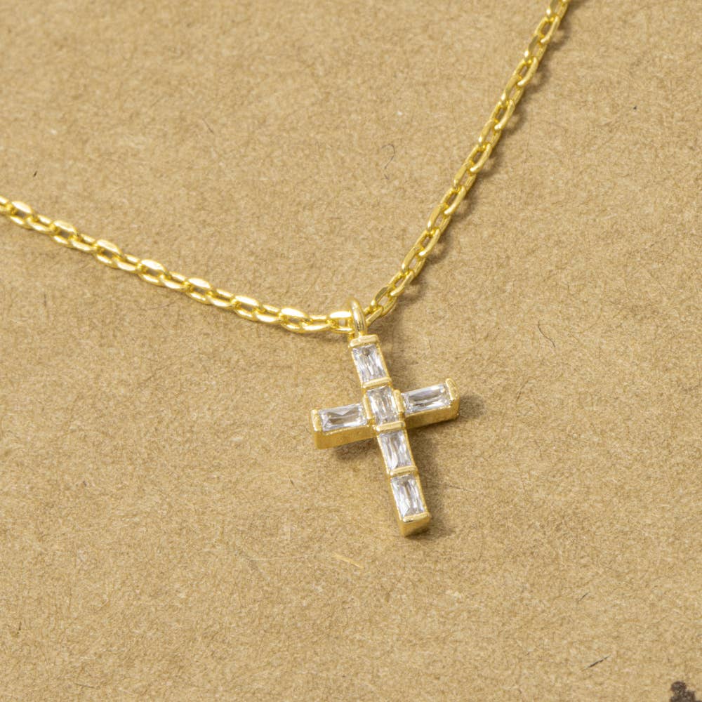 Fame Accessories - 18K Gold Dipped Baguette Cz Cross Necklace