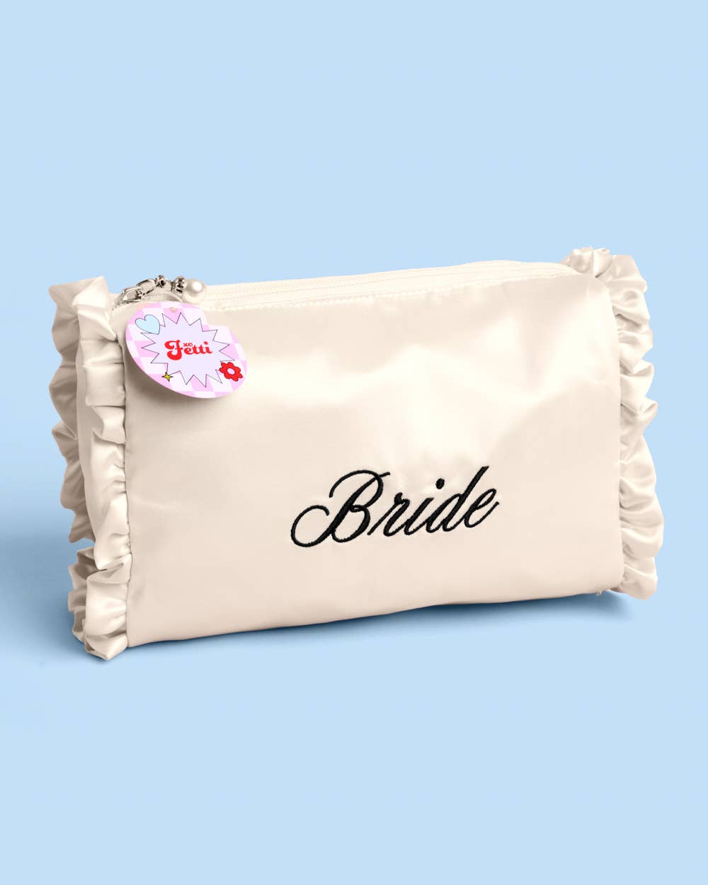 xo, Fetti - Embroidered Bride Satin Cosmetic Bag | bridal, ruffle, gift