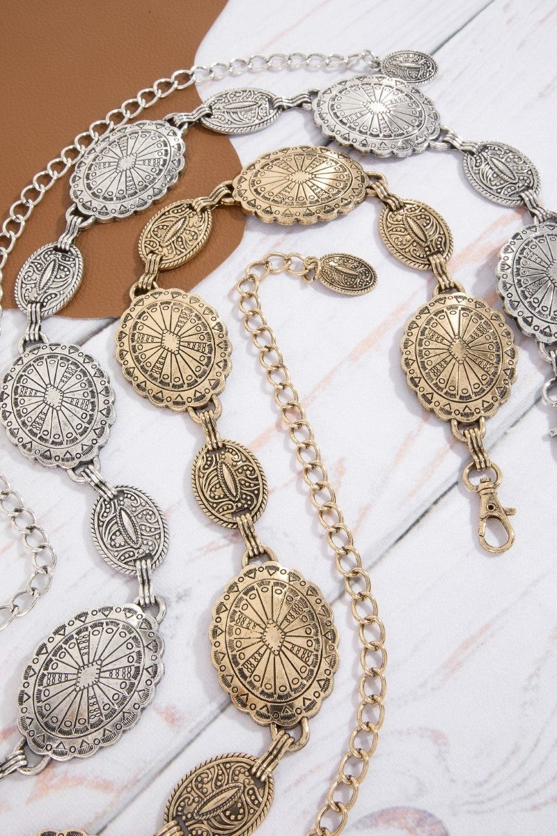 Ornate Oval Western Concho Disc Chain Belt