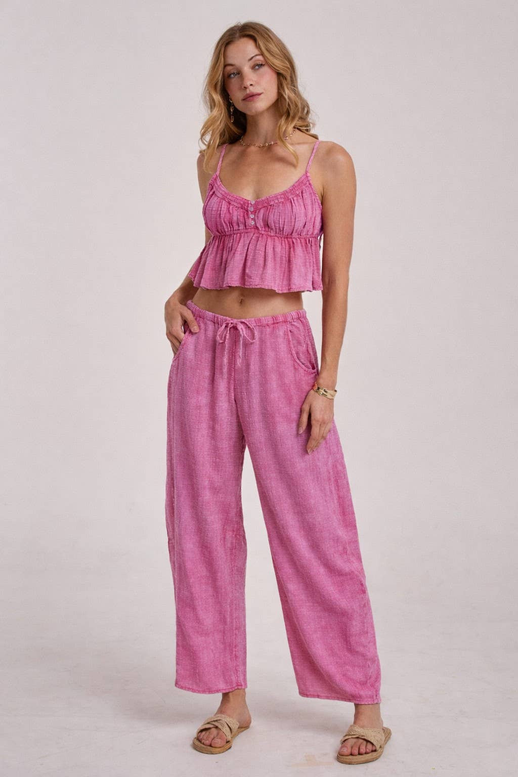 BON - MINERAL WASHED GAUZE CAMI TOP AND BARREL PANTS CASUAL SET