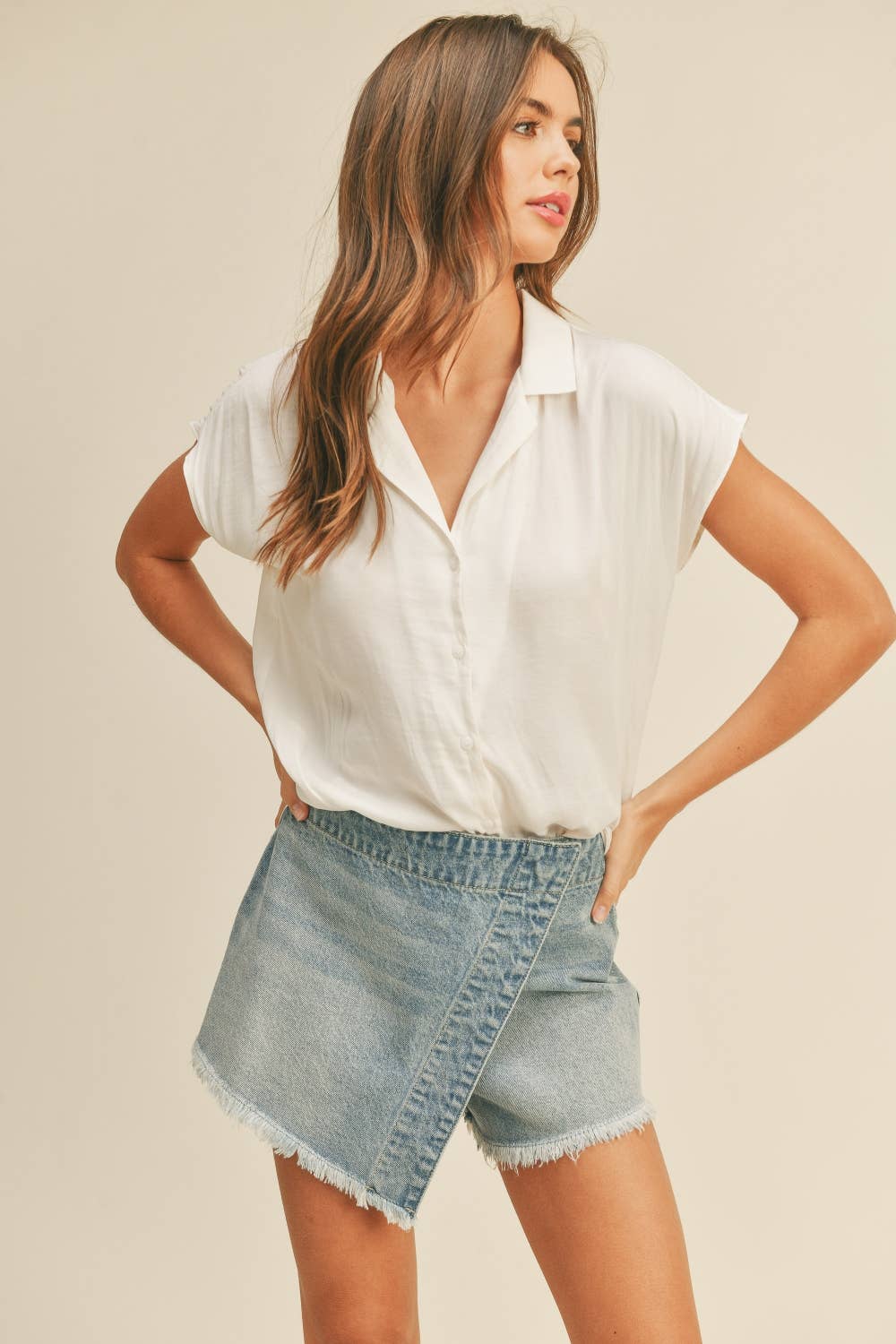MIOU MUSE BUTTON DOWN CAP SLEEVE SHIRTS