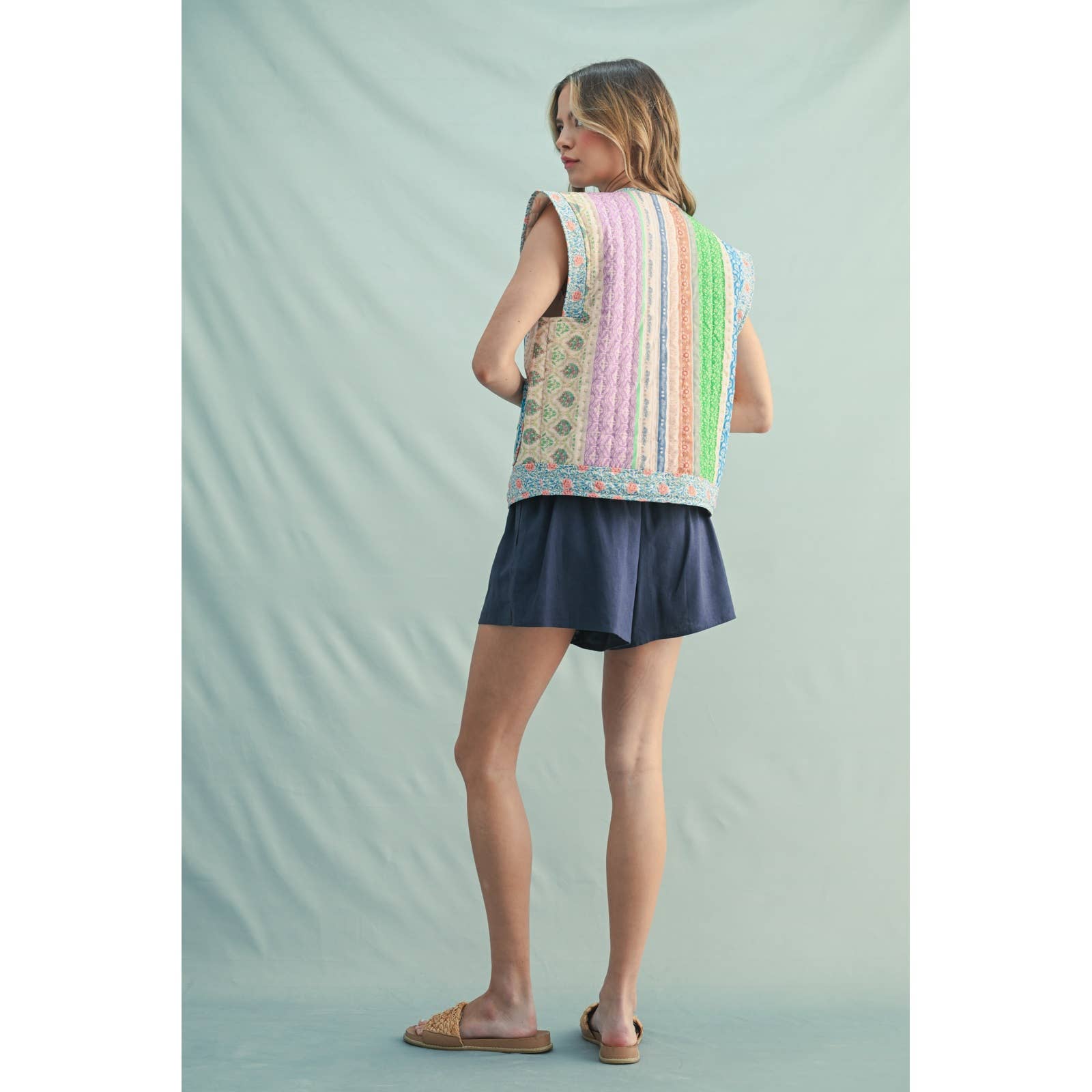 MIXED PATTERN CAP SLEEVE OPEN VEST WITH POCKETS