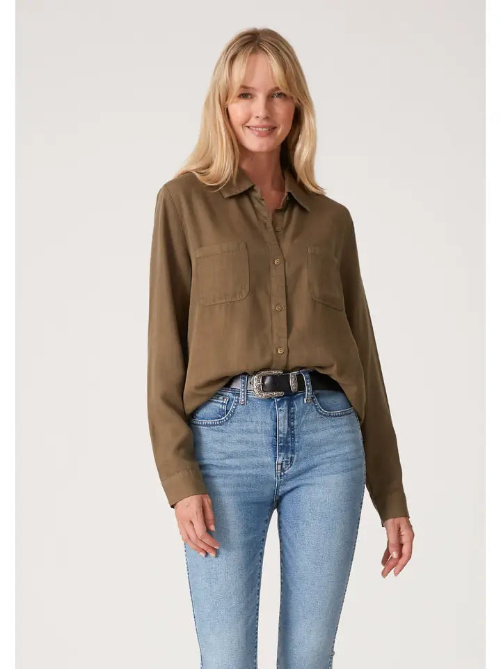 Tencel Long Sleeve Button Down Collared Top