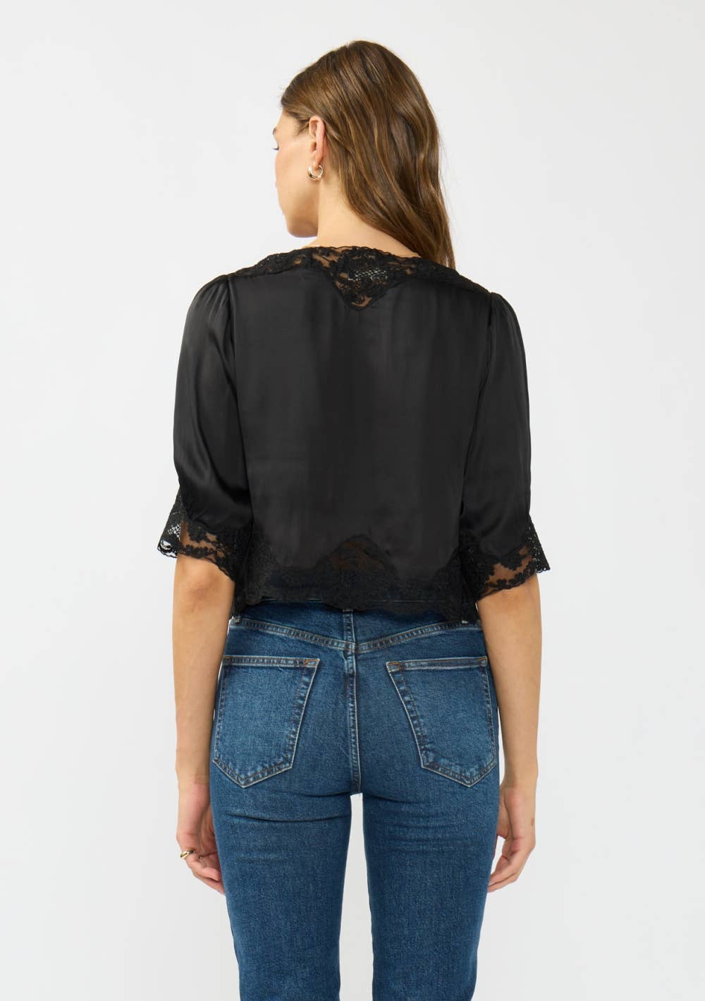 Lovestitch - V-Neck Button Front Blouse with Lace Trim
