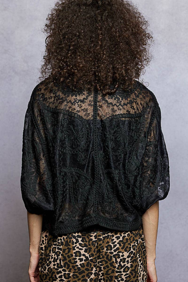 Pol Clothing - Floral Embroidery Crochet Half Batwing Sleeve Cardigan