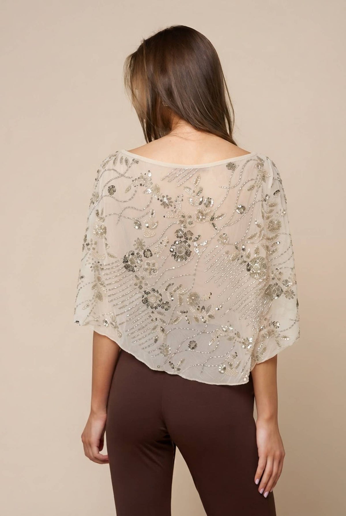 Blue Blush - Floral Sequin Sheer Asymmetrical Poncho Top