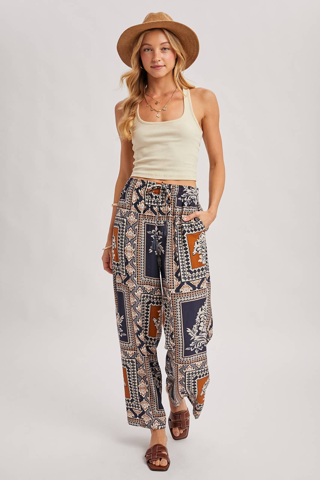 Bluivy - BOHO PRINT DRAWSTRING WIDE LEG PANTS