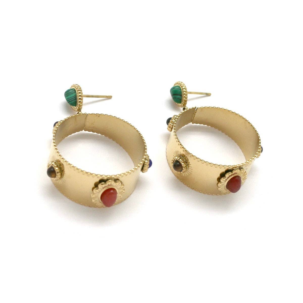 LIZOU - Semi Precious Stones on Wide Hoop Dangle Earrings