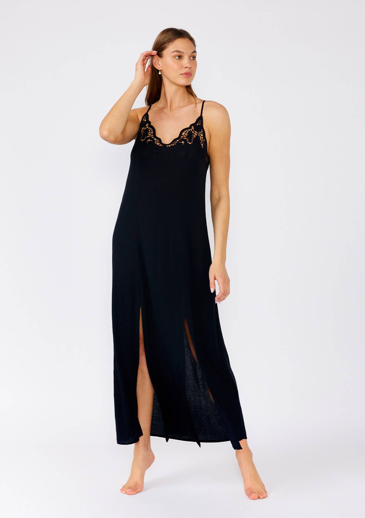 Lovestitch - Battenburg Lace Trim Spaghetti Strap Maxi Dress