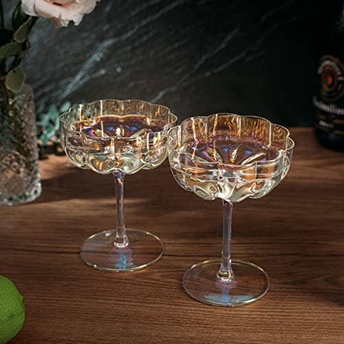 The Wine Savant /  Khen Glassware - Flower Elegant Champagne & Cocktail Coupes - Iridescent Set2