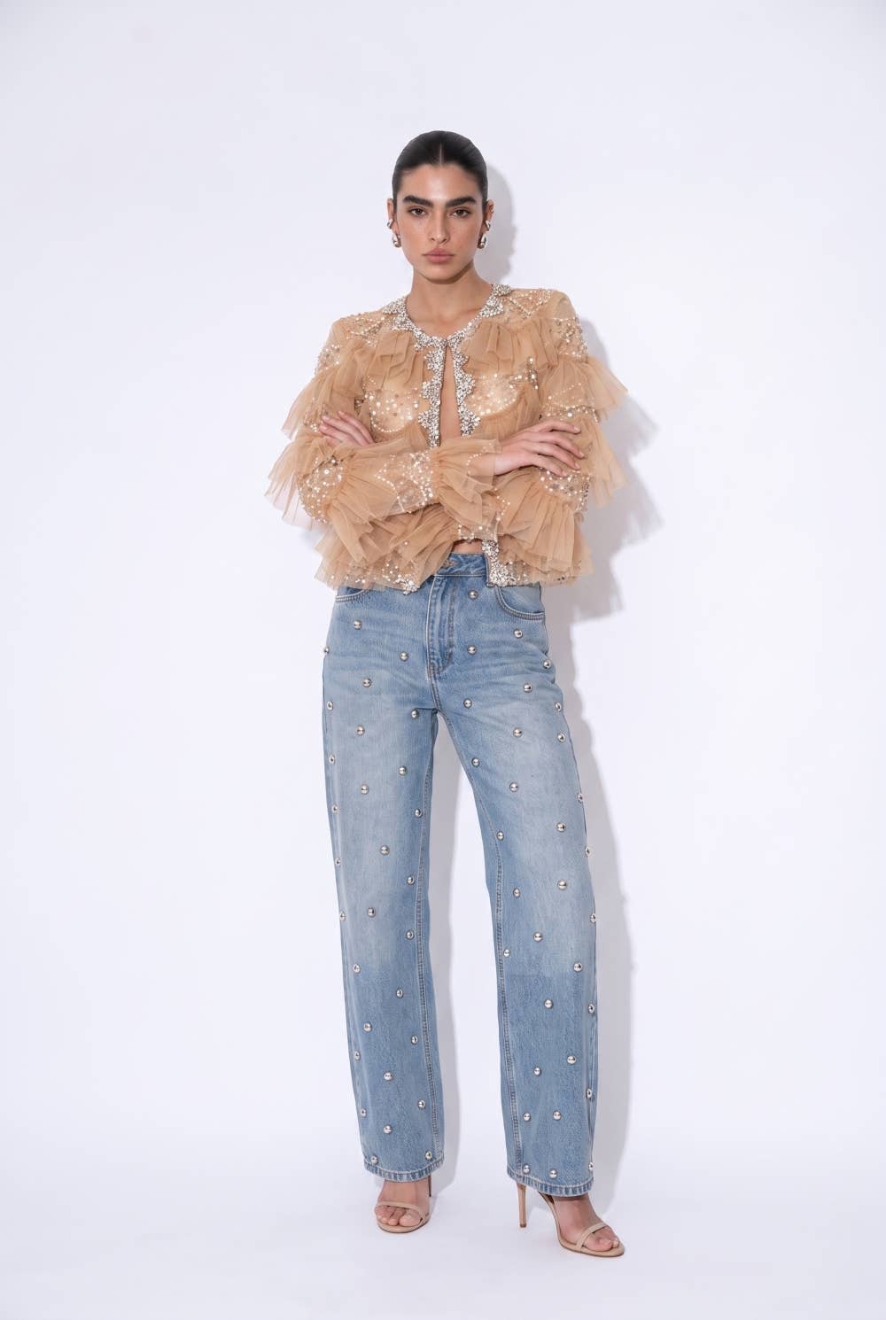 Beulah Style - Embellished Tiered Ruffle Mesh Jacket