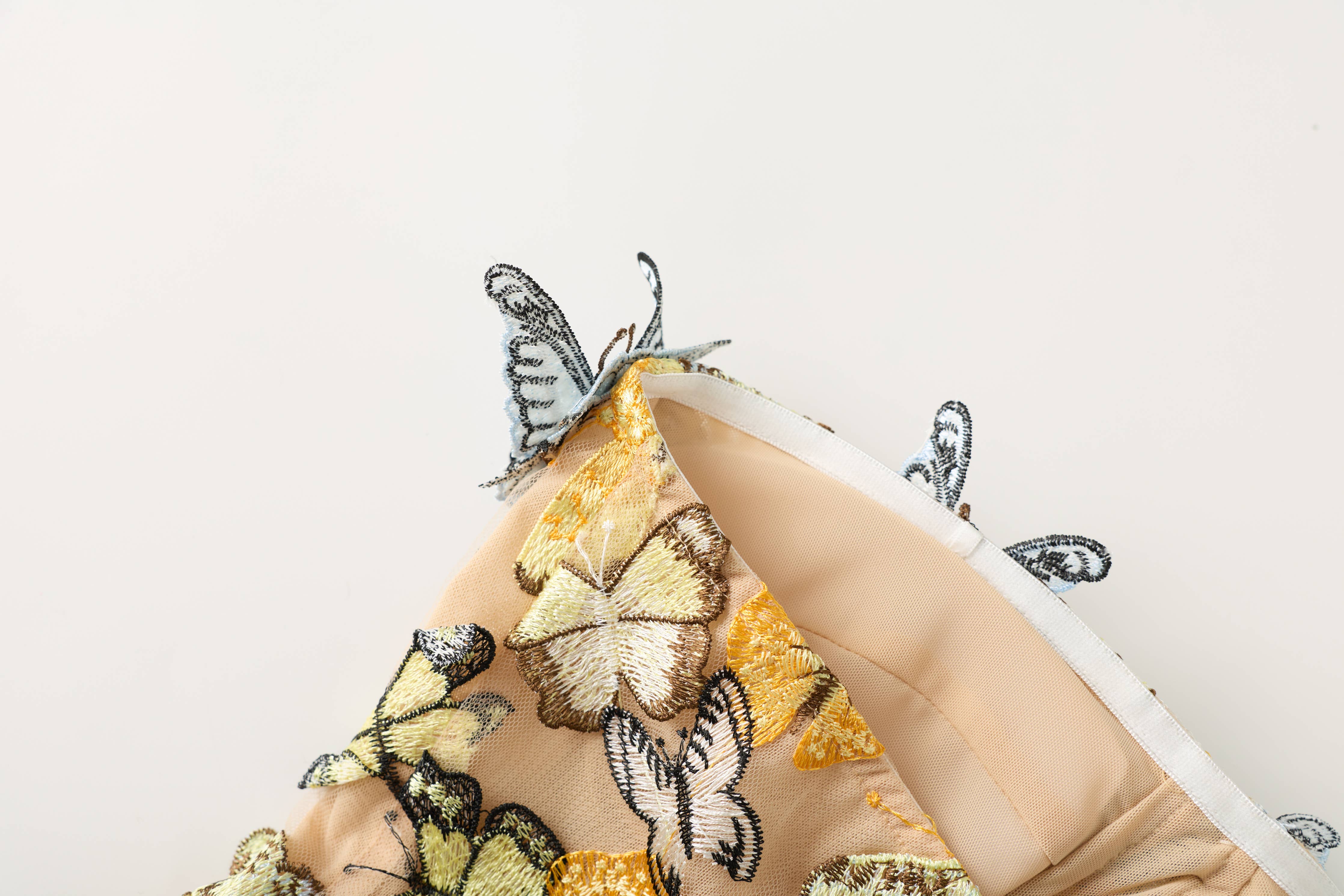 Embroidered Butterfly Tulle Strapless Gown