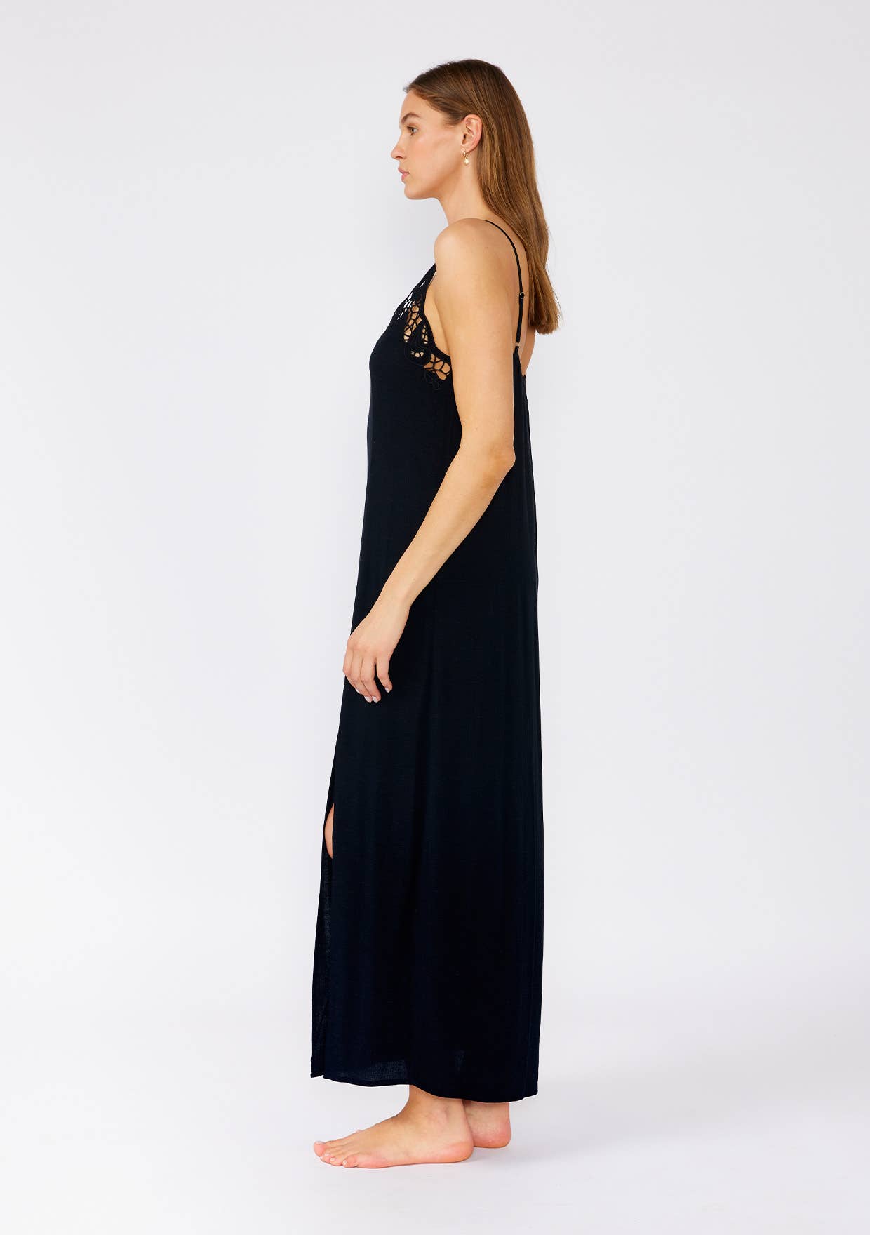 Lovestitch - Battenburg Lace Trim Spaghetti Strap Maxi Dress
