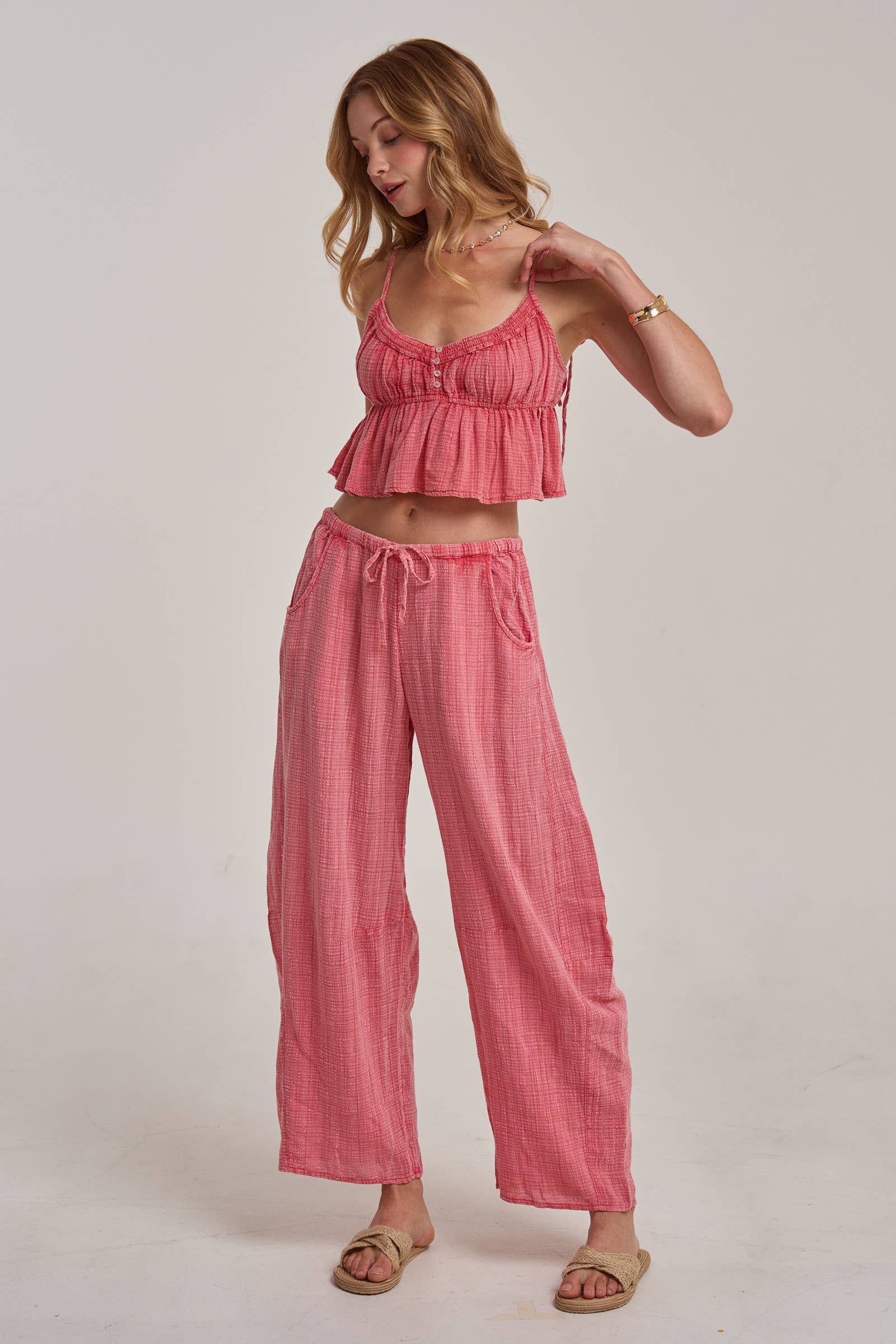 BON - MINERAL WASHED GAUZE CAMI TOP AND BARREL PANTS CASUAL SET