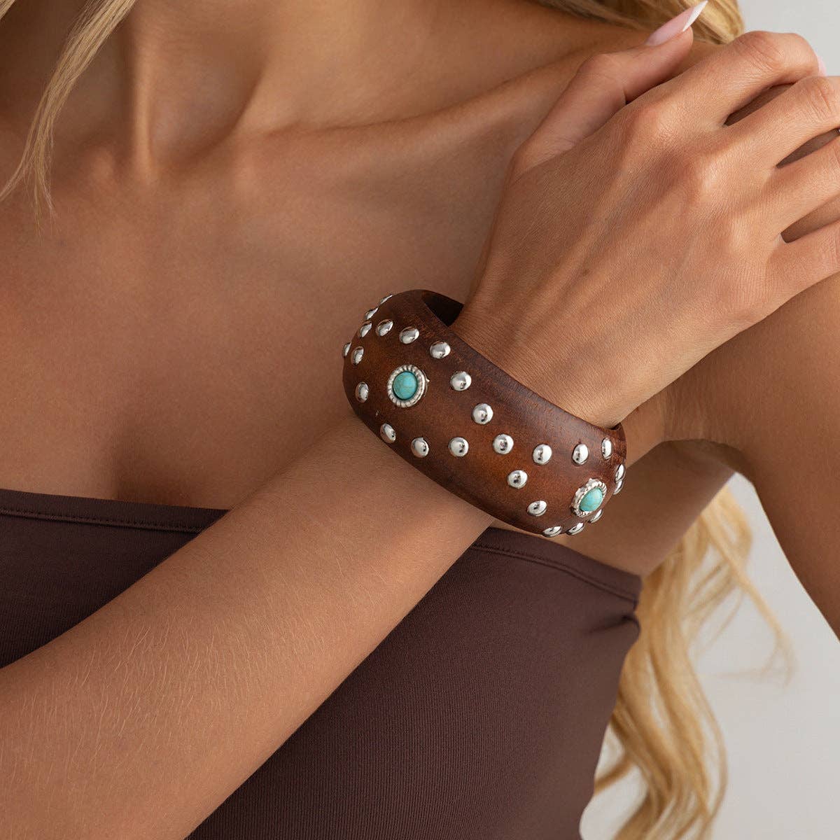 Dipped Shop - Punk Style Studded Wooden Wide Bracelet MK2ZCEP6W6JBR74