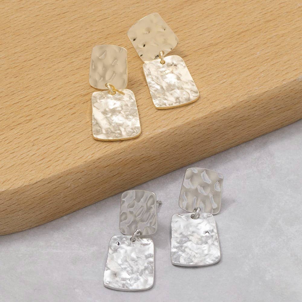 Fame Accessories - Flat Hammered Squares Stud Dangle Earrings