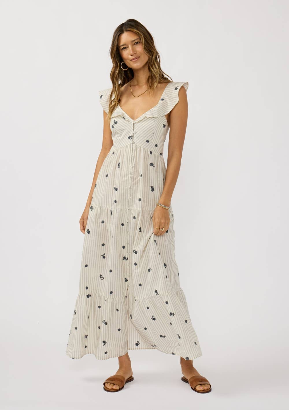 Lovestitch - Embroidered Stripe Button Down Tiered Maxi Dress