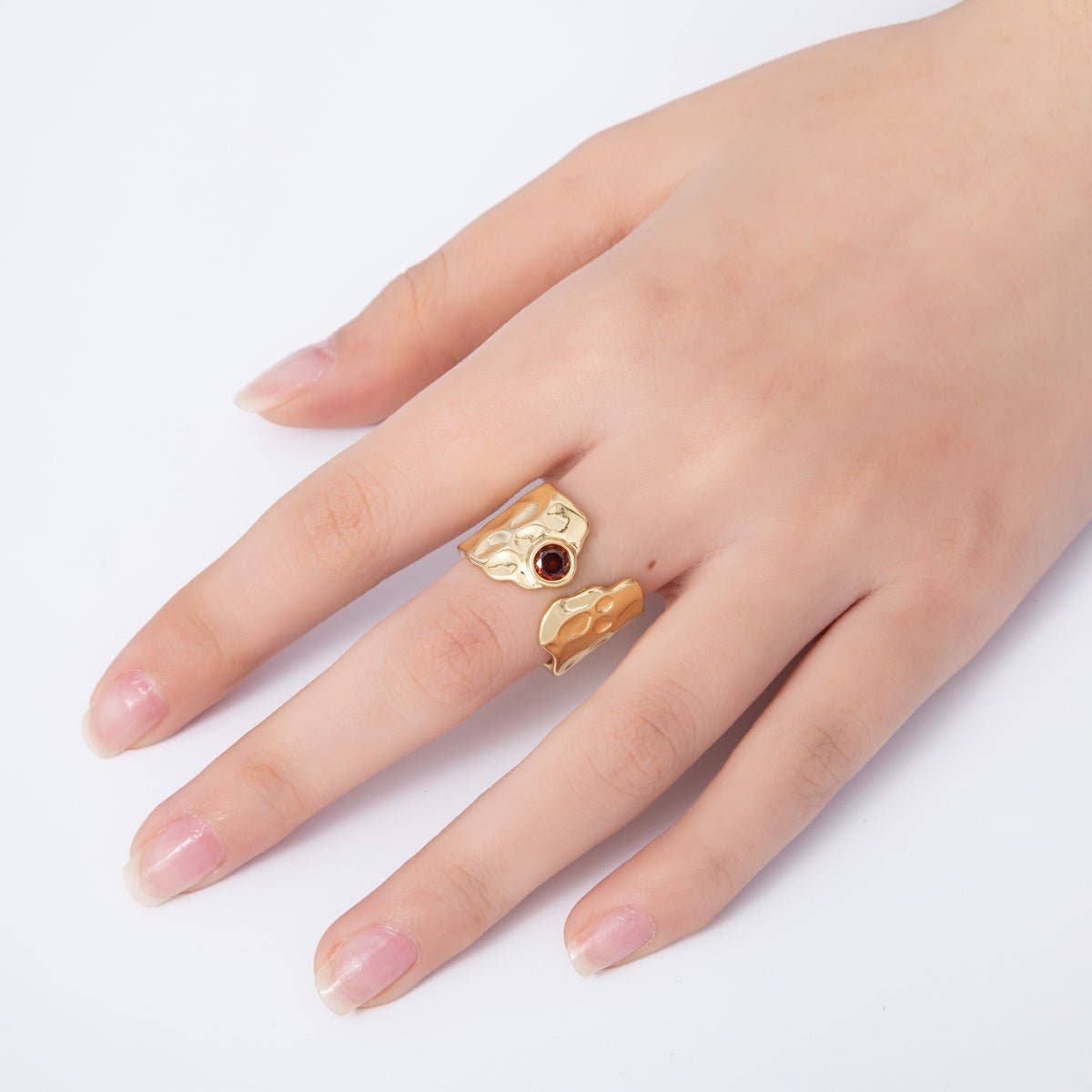 Aim Eternal - 16K Gold Filled Red CZ Hammered Wide Wrap Ring | Rings-00034
