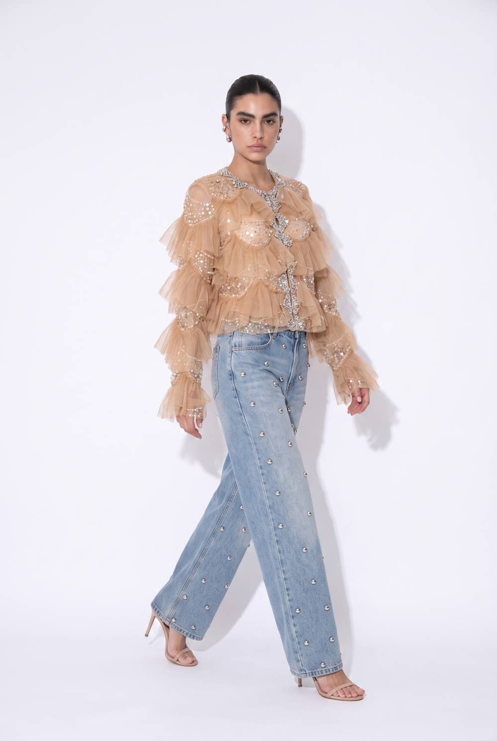 Beulah Style - Embellished Tiered Ruffle Mesh Jacket