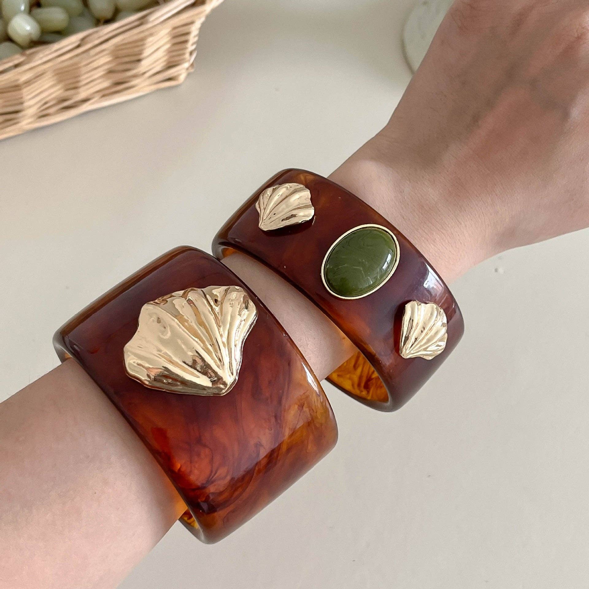Dipped Shop - Vinatge Shell Bead Geometric Wide Bangle Bracelet MK2PPPO6W6JBR130
