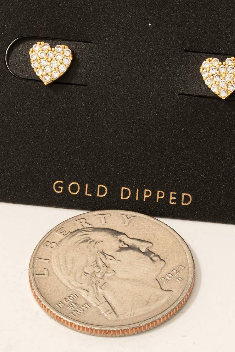 Fame Accessories - Gold Dipped Cz Pave Heart Stud Earrings