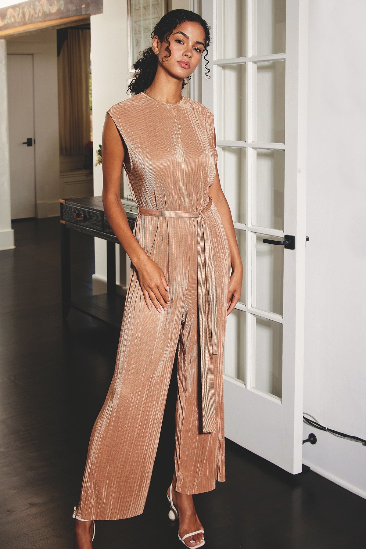 Velvet Pleated Tie Waist Jumpsuit