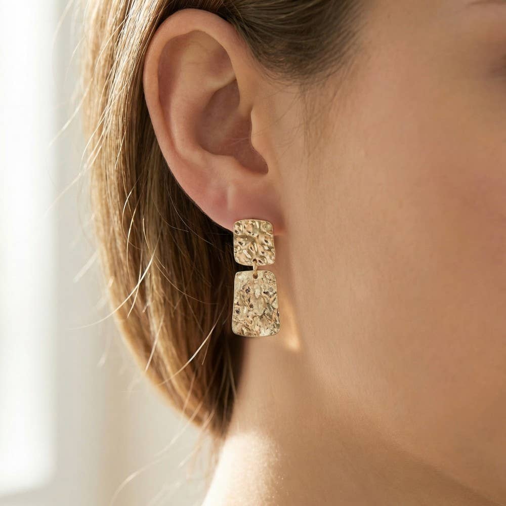 Fame Accessories - Flat Hammered Squares Stud Dangle Earrings