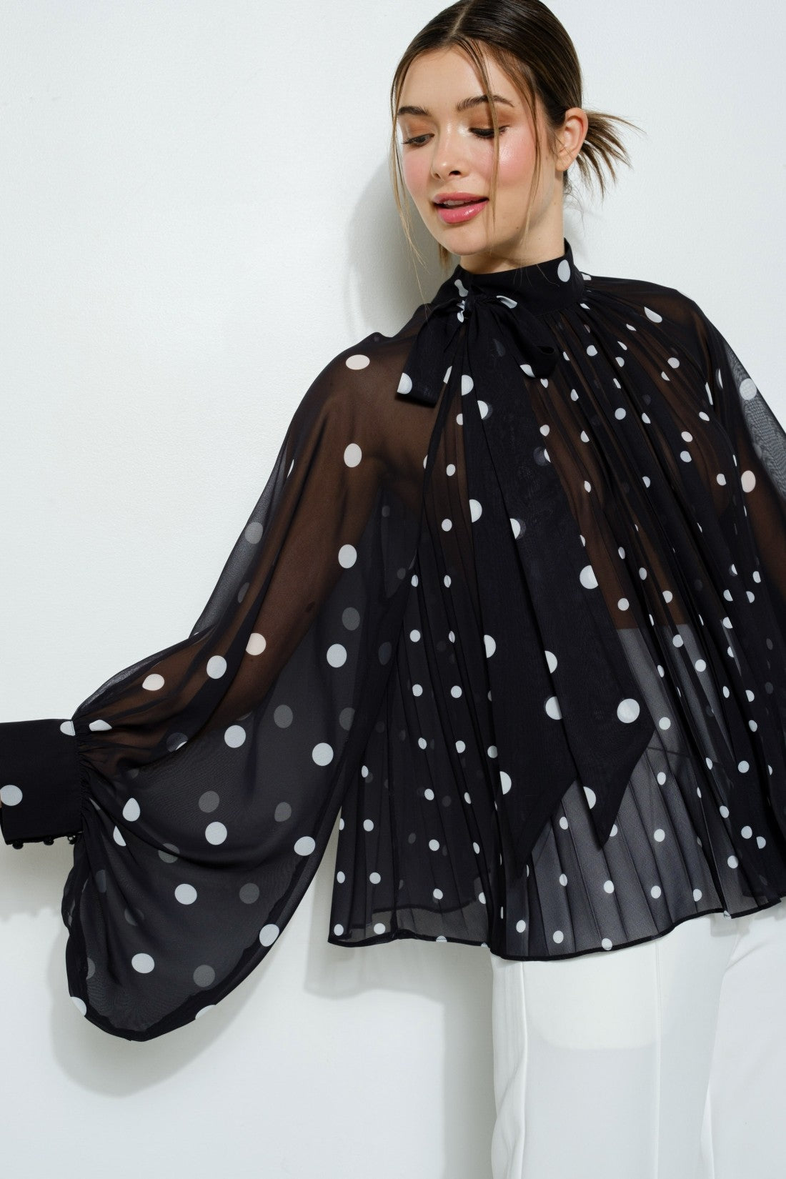 Polka Dot Pleated Chiffon Blouse