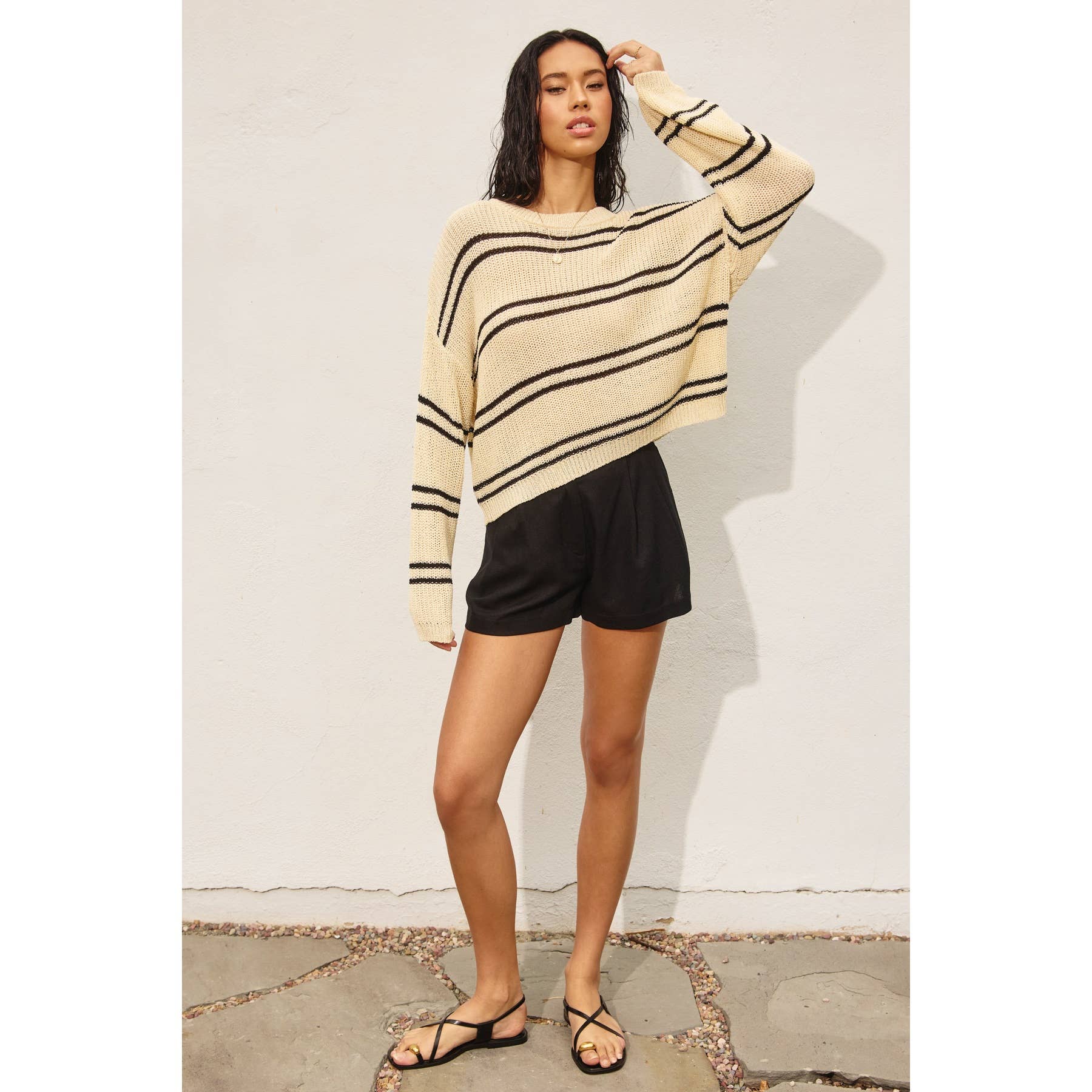 Double Striped Long Sleeve Open Knit Top