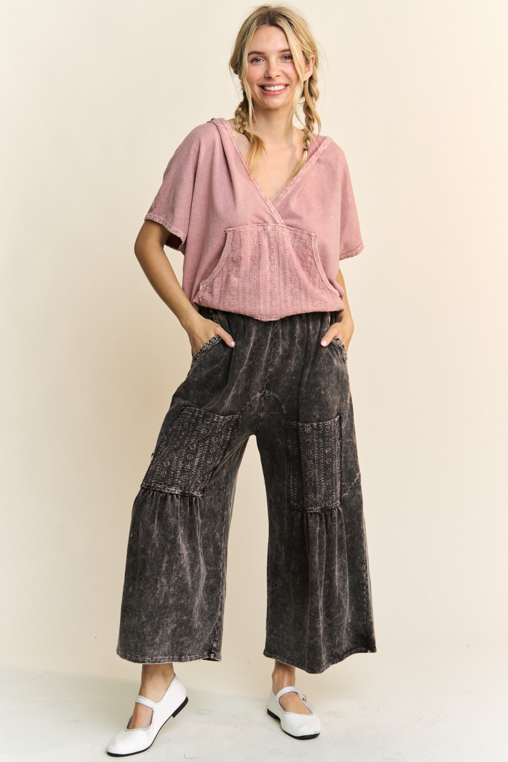 Mineral Wash Eyelet Wide-leg Pant