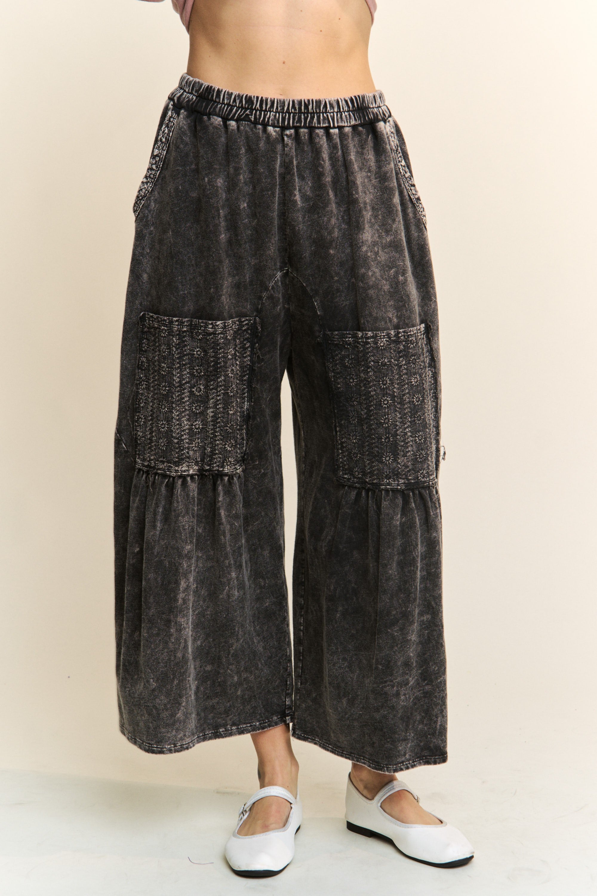 Mineral Wash Eyelet Wide-leg Pant