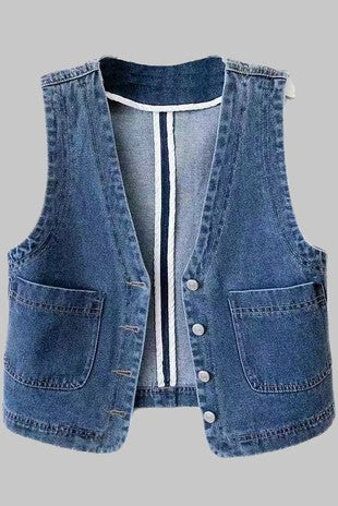 Denim Button-Front Pocket Vest