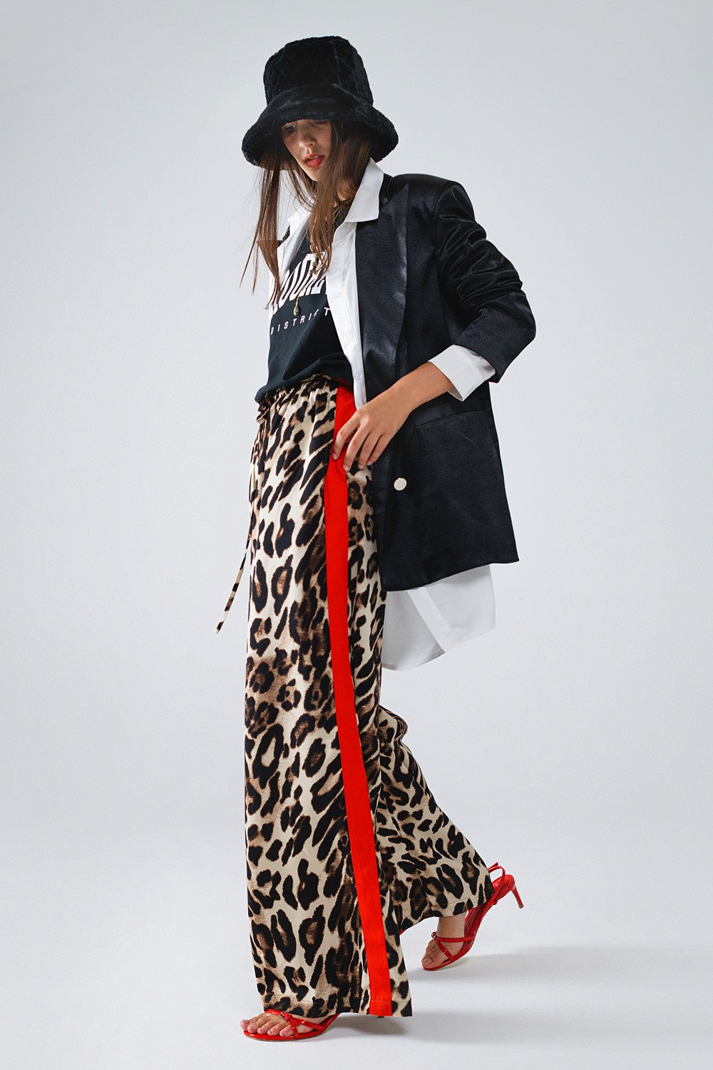 Leopard Straight Pants With Red Stripes