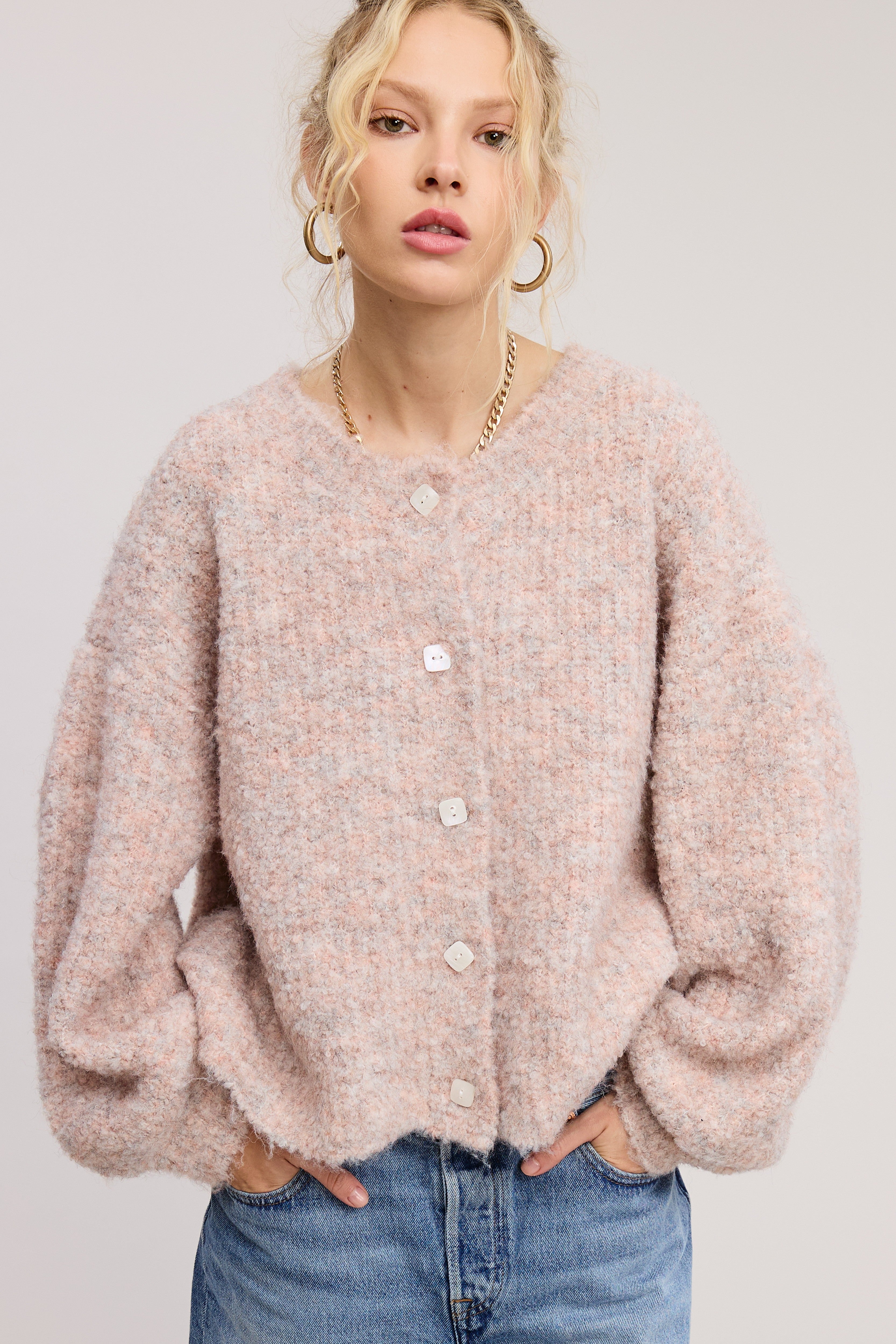 CONFETTI FUZZY KNIT BALLOON SLEEVE CARDIGAN