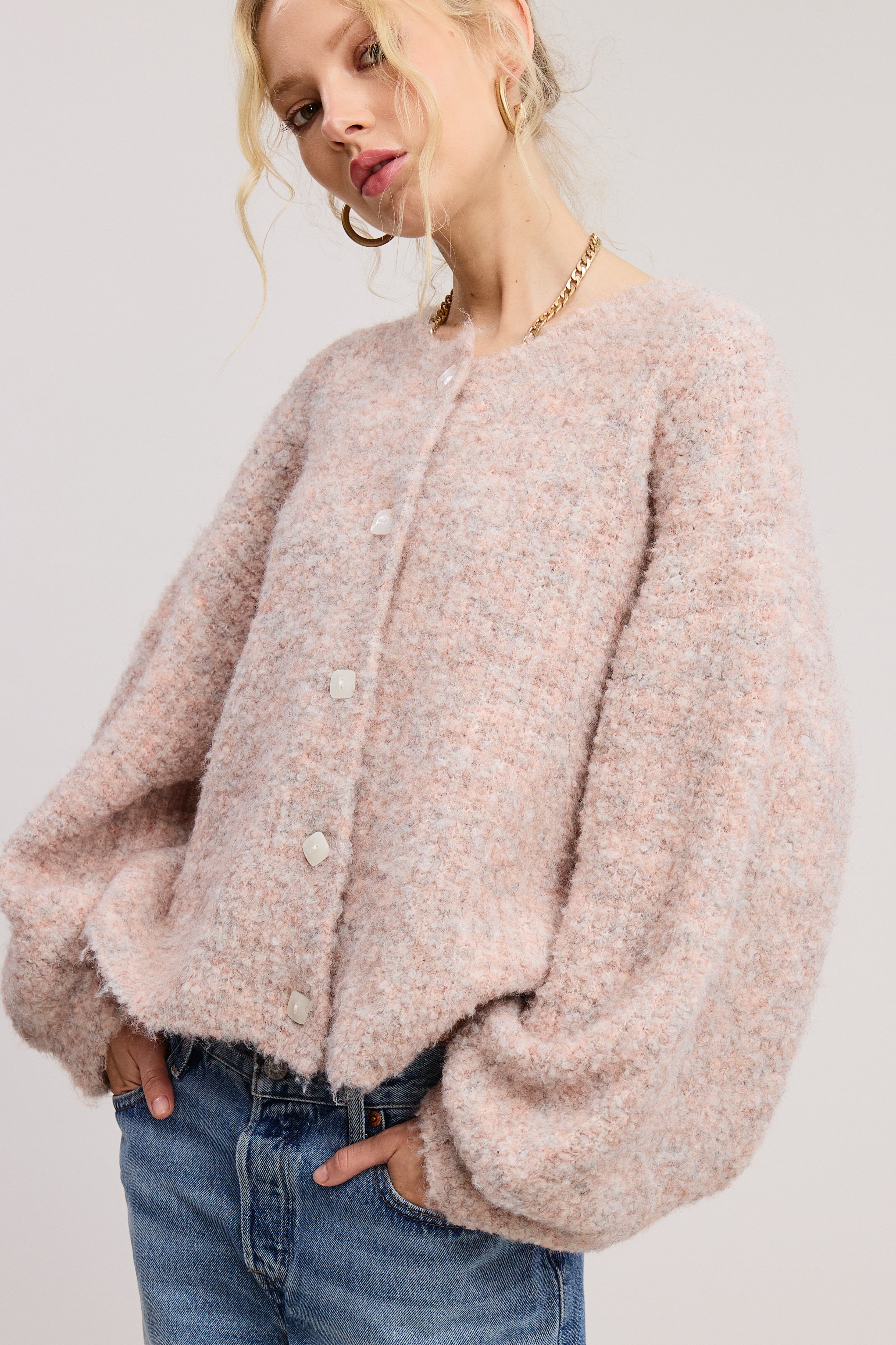 CONFETTI FUZZY KNIT BALLOON SLEEVE CARDIGAN