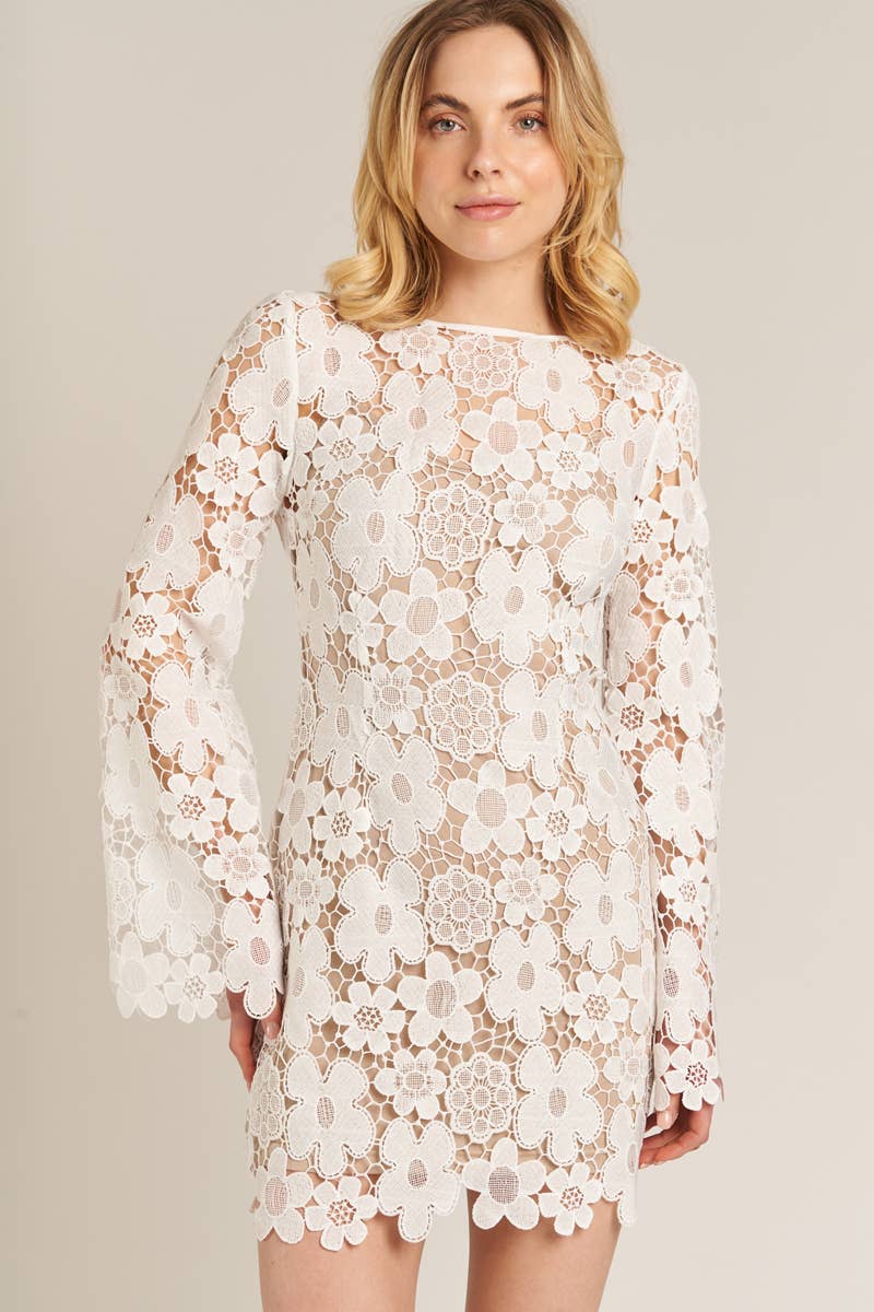 En Crème - Floral Lace Bell Sleeve Mini Dress