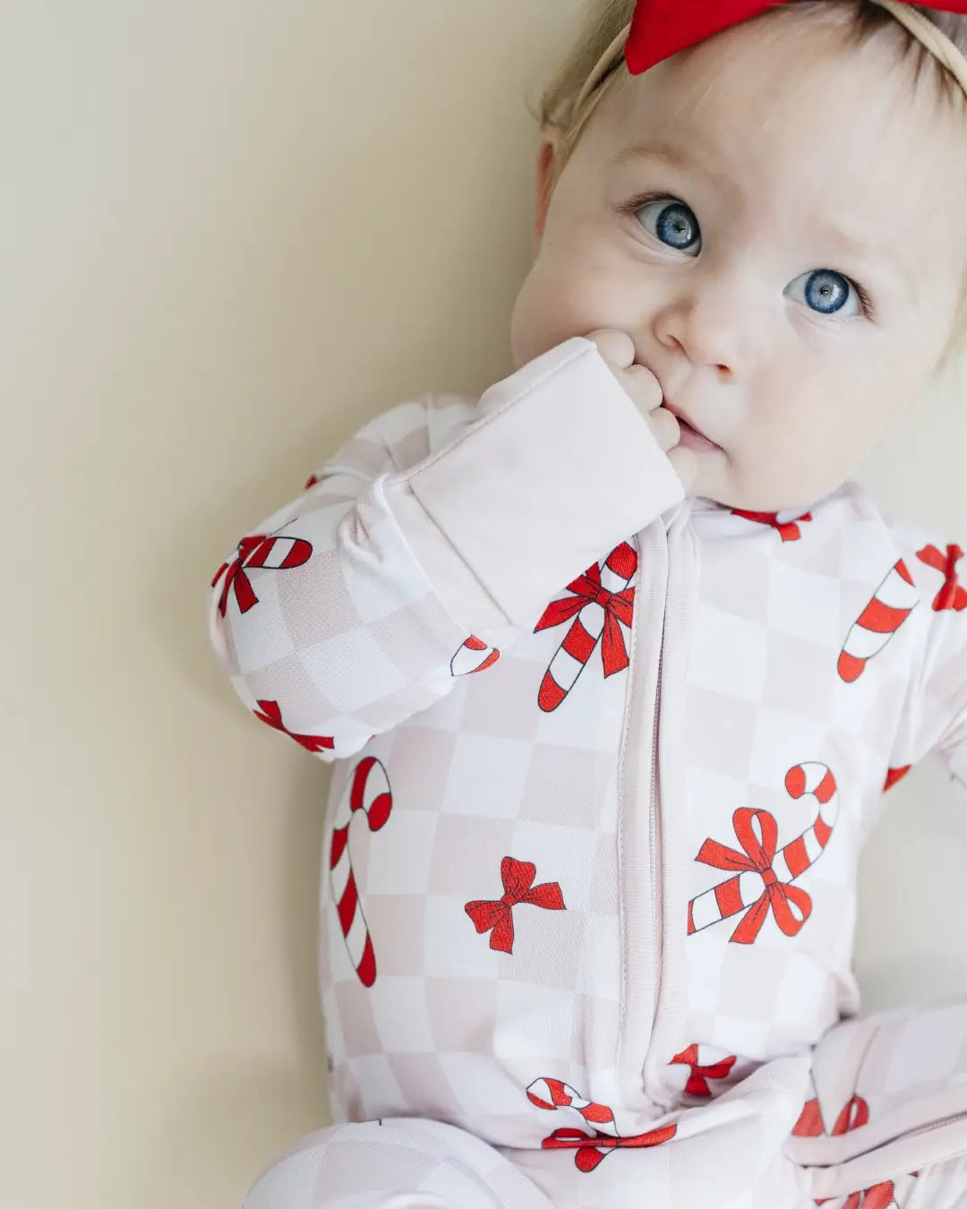 Christmas Baby Bamboo Clothes Zip Romper | Bows & Candy Cane