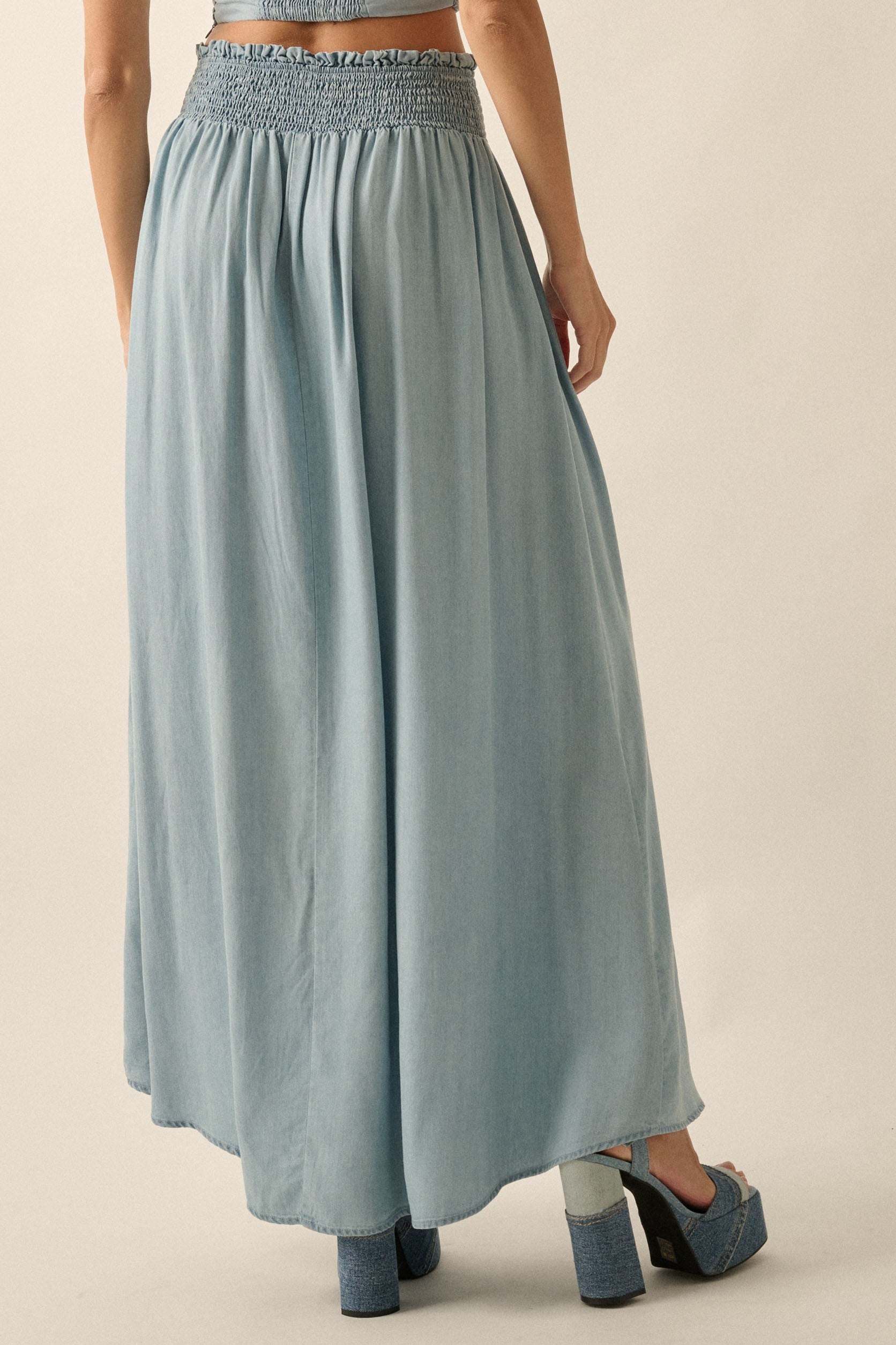 Smocked Denim Button-front Maxi Skirt