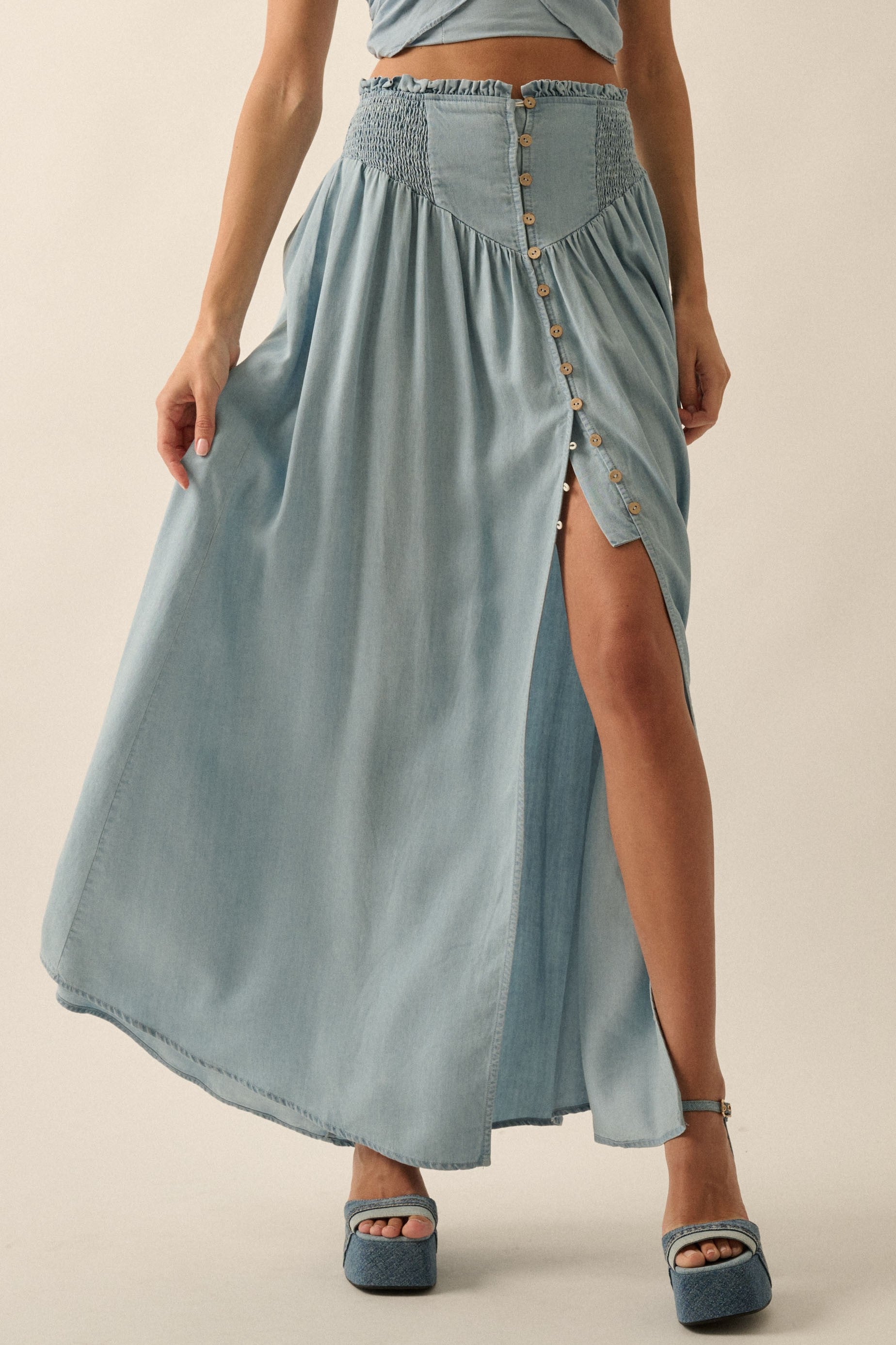 Smocked Denim Button-front Maxi Skirt