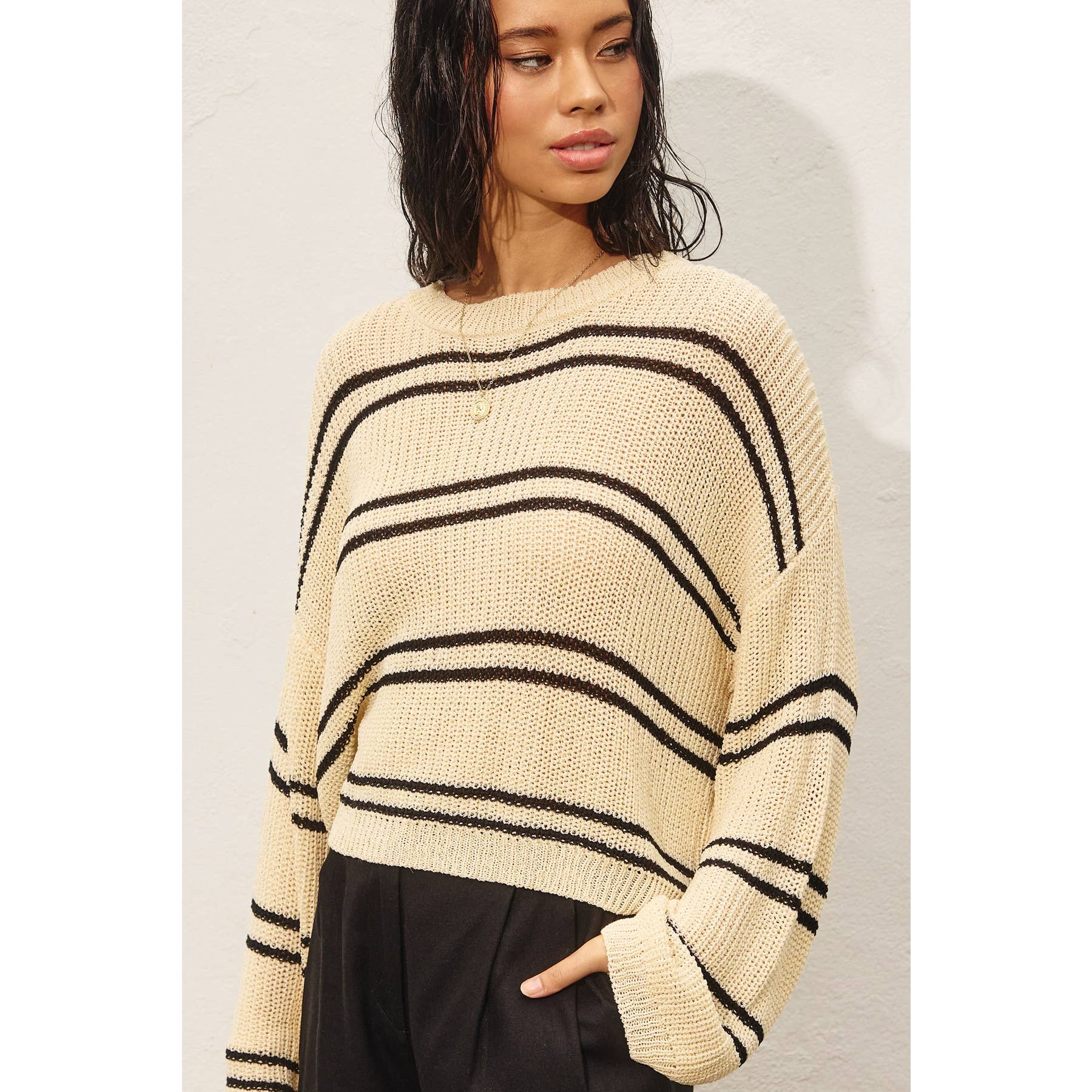 Double Striped Long Sleeve Open Knit Top